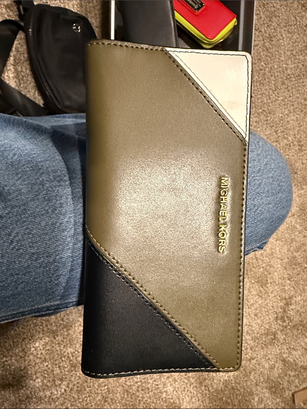 Michael Kors Olive, Black & Cream Trifold Leather Wallet